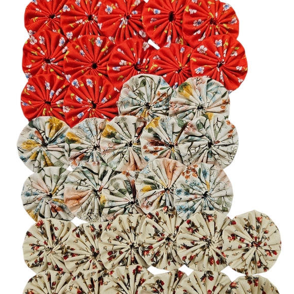 None Other - Hand Sewn Fabric Yo Yos  Set of 36 With Red,  Cream With Tea Roses , Botanical